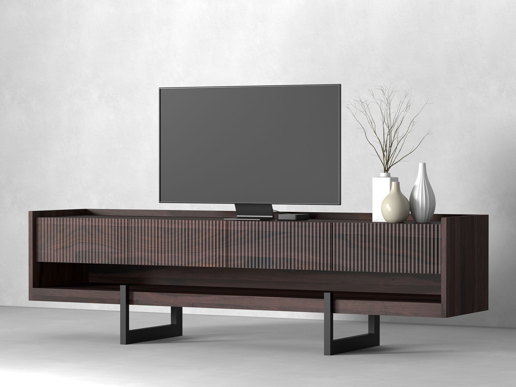 TV unit, solid sheesham wood and steel, 4 drawers