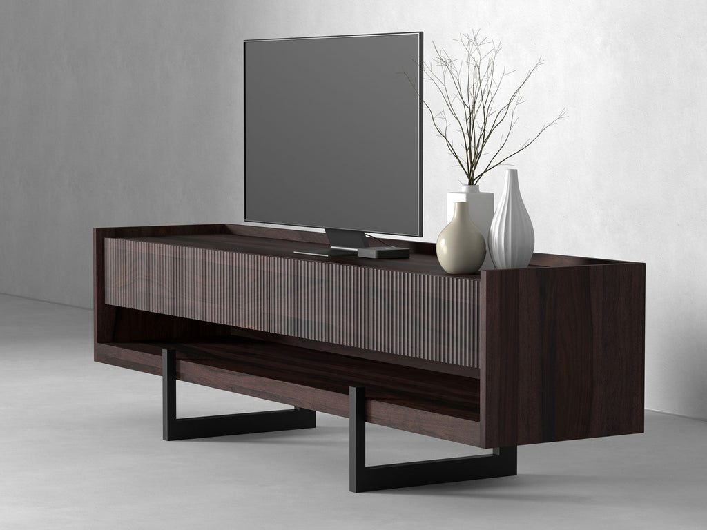 TV unit, solid sheesham wood and steel, 4 drawers