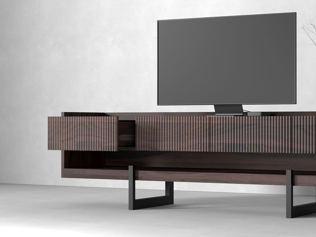 TV unit, solid sheesham wood and steel, 4 drawers