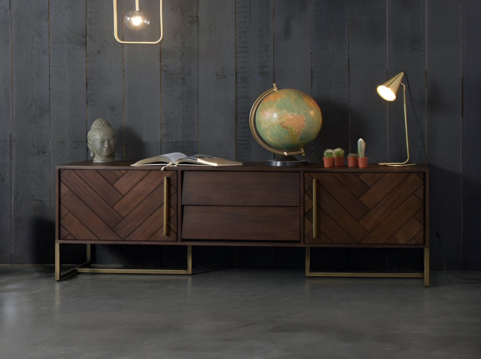 TV unit, solid mango wood and steel, 2 doors and 2 drawers