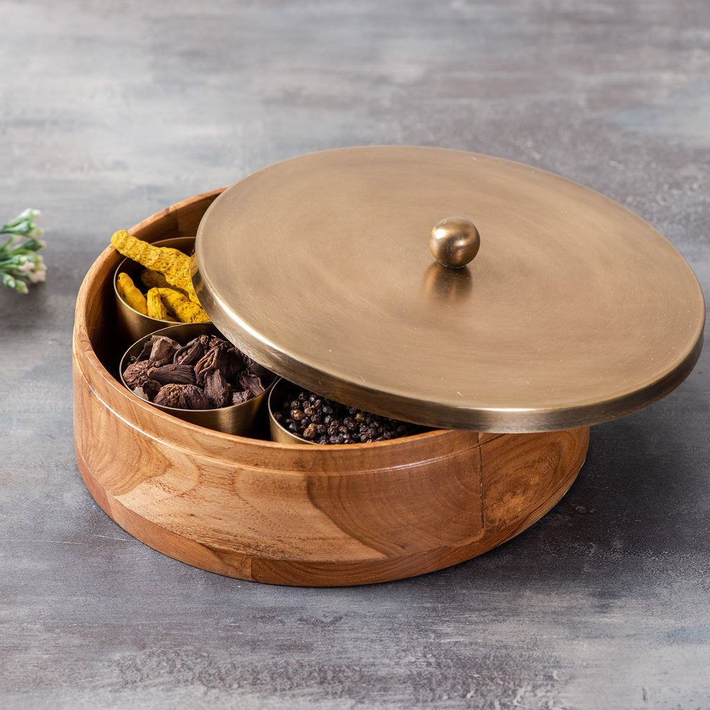 Classic Acacia Wood Masala Box - Gold