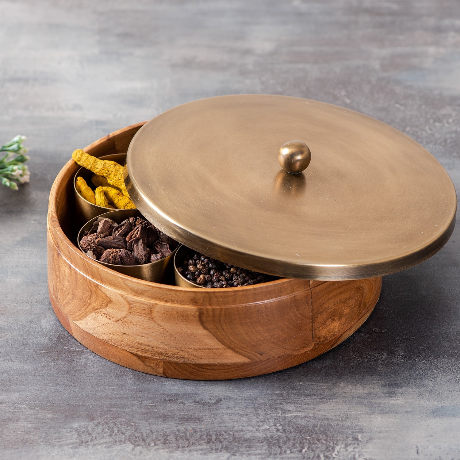 Classic Acacia Wood Masala Box - Gold
