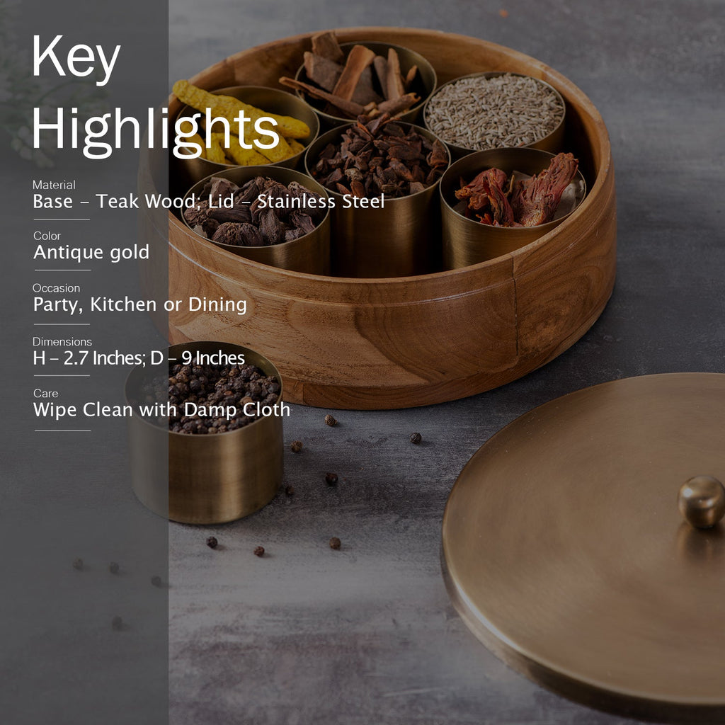 Classic Acacia Wood Masala Box - Gold