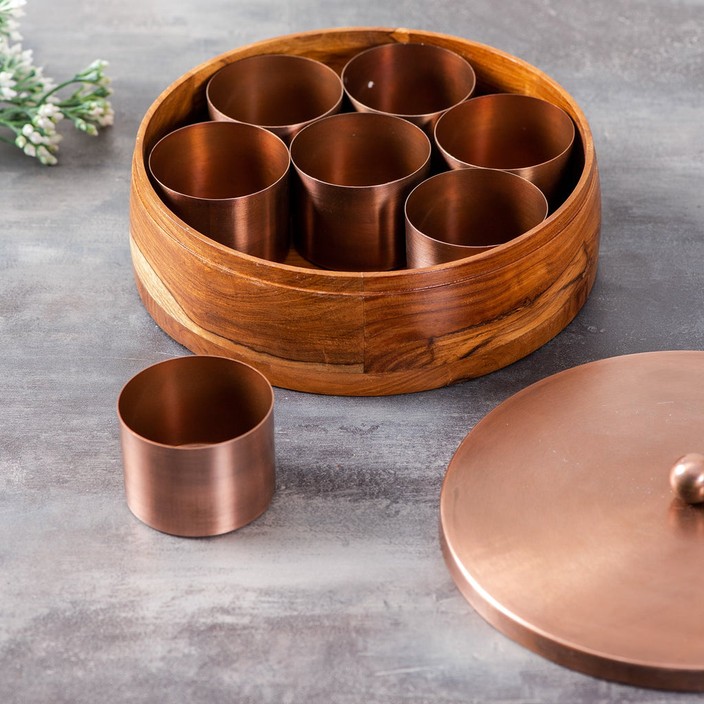 Classic Acacia Wood Masala Box - Copper