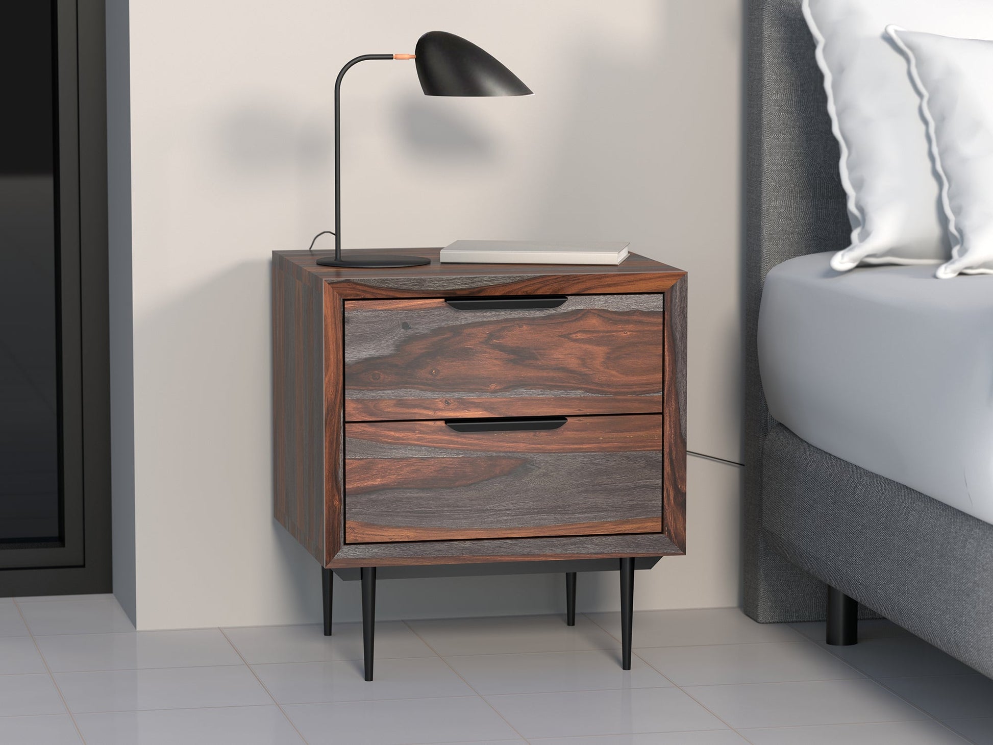 Bedside table, solid sheesham wood and steel, 2 drawers