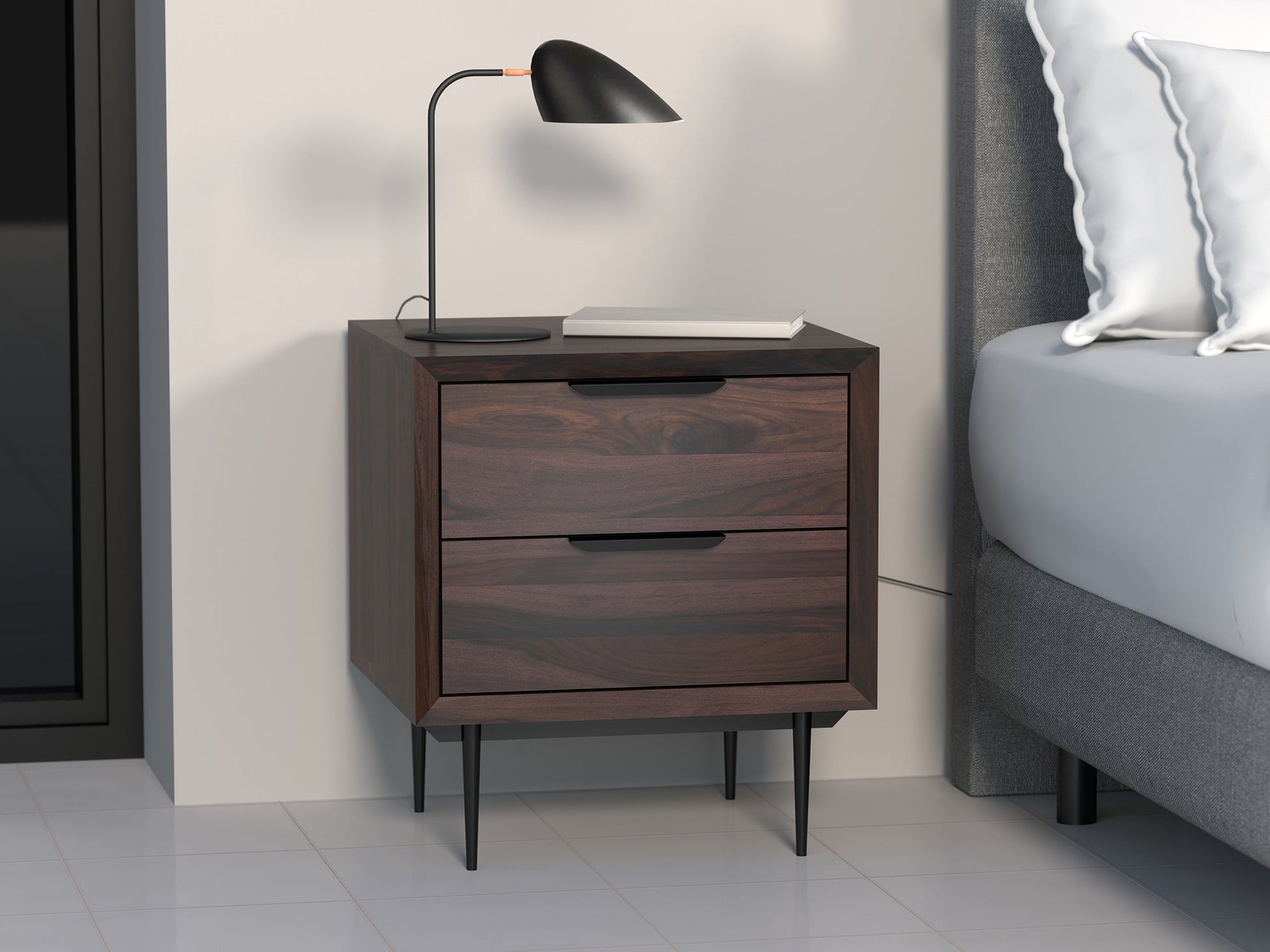Bedside table, solid sheesham wood and steel, 2 drawers