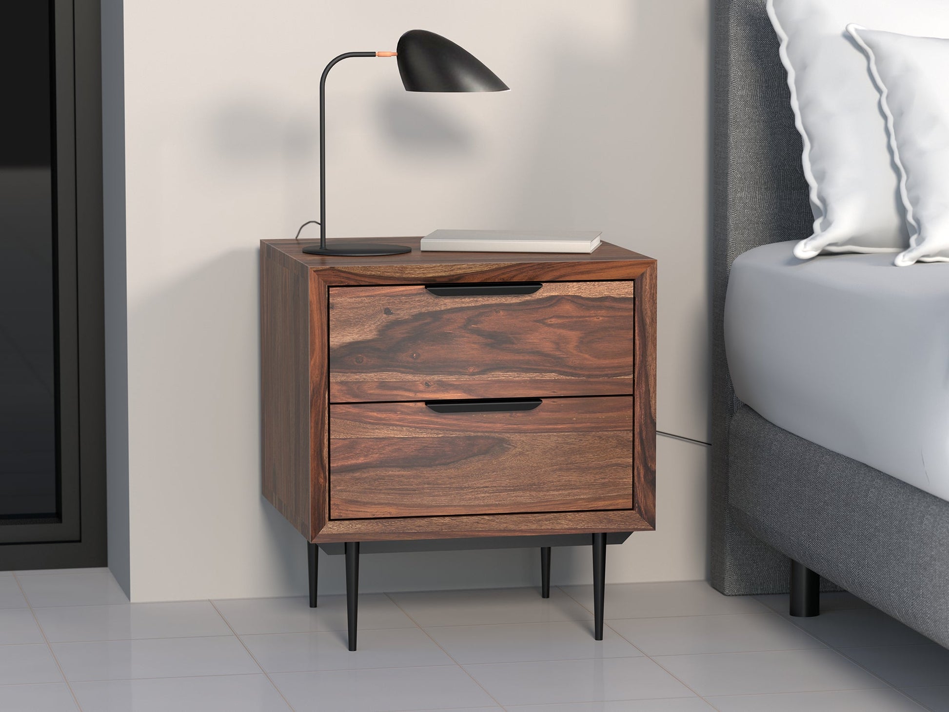 Bedside table, solid sheesham wood and steel, 2 drawers