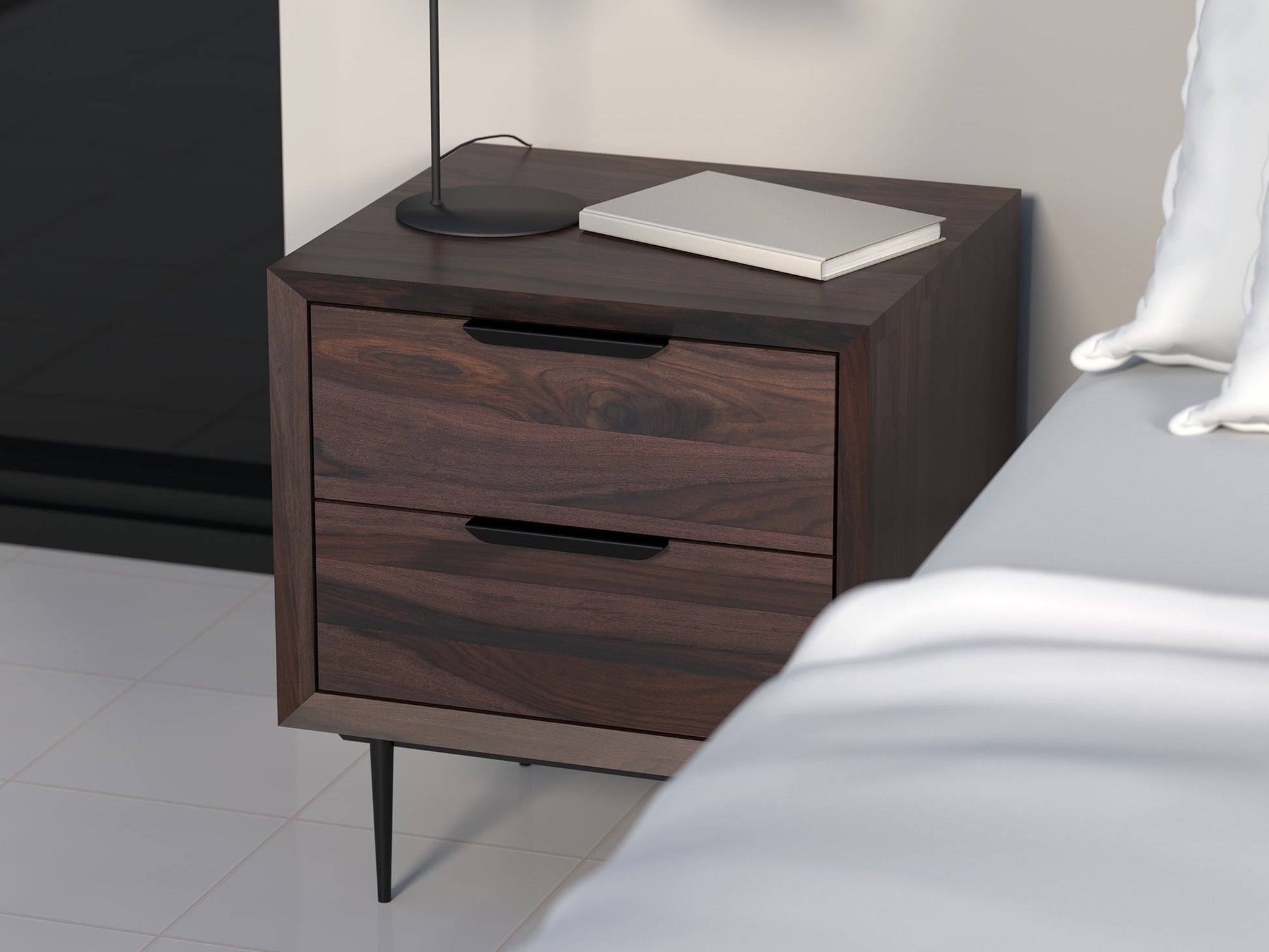 Bedside table, solid sheesham wood and steel, 2 drawers
