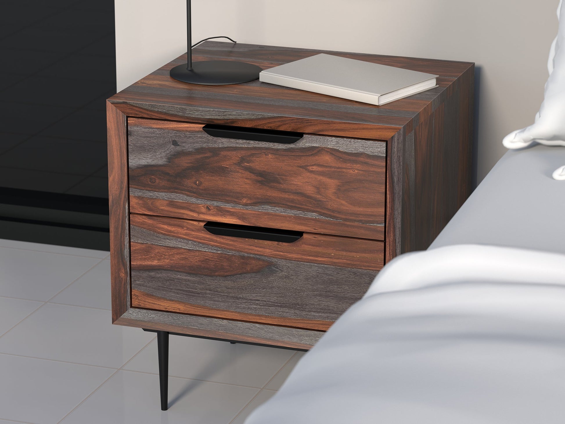 Bedside table, solid sheesham wood and steel, 2 drawers