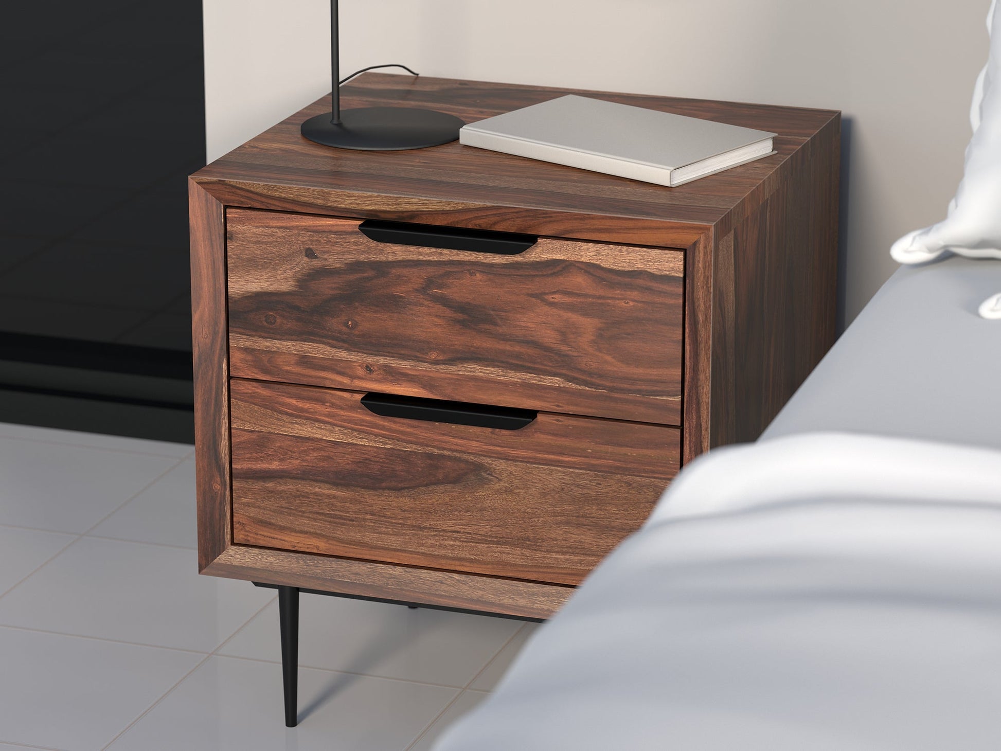 Bedside table, solid sheesham wood and steel, 2 drawers