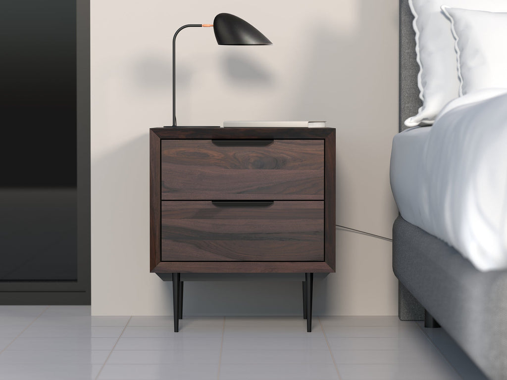 Bedside table, solid sheesham wood and steel, 2 drawers