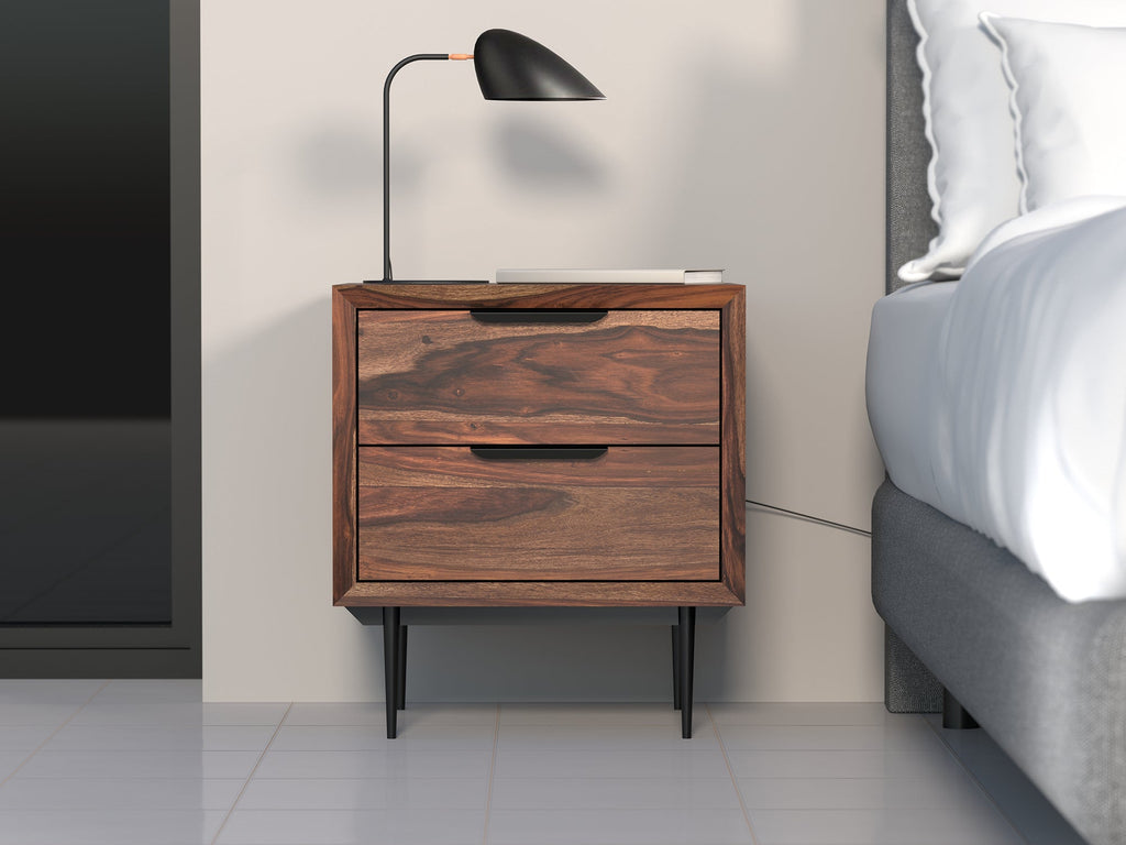 Bedside table, solid sheesham wood and steel, 2 drawers