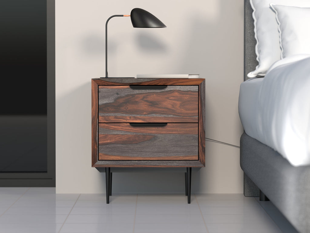 Bedside table, solid sheesham wood and steel, 2 drawers
