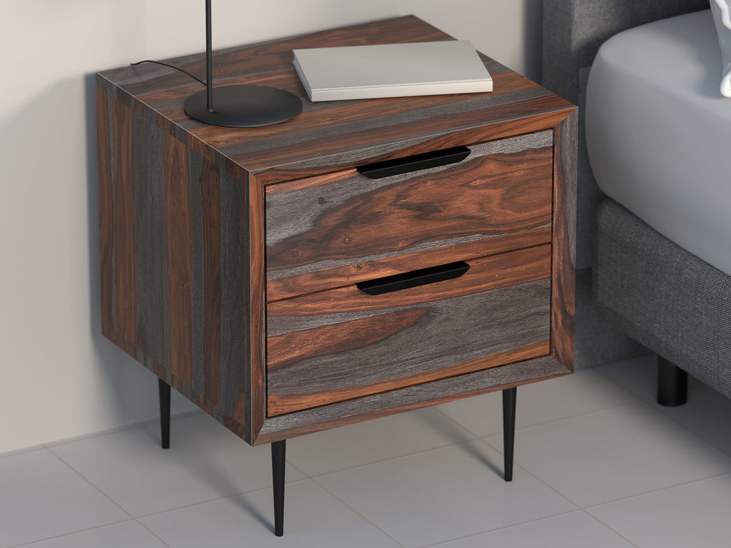 Bedside table, solid sheesham wood and steel, 2 drawers