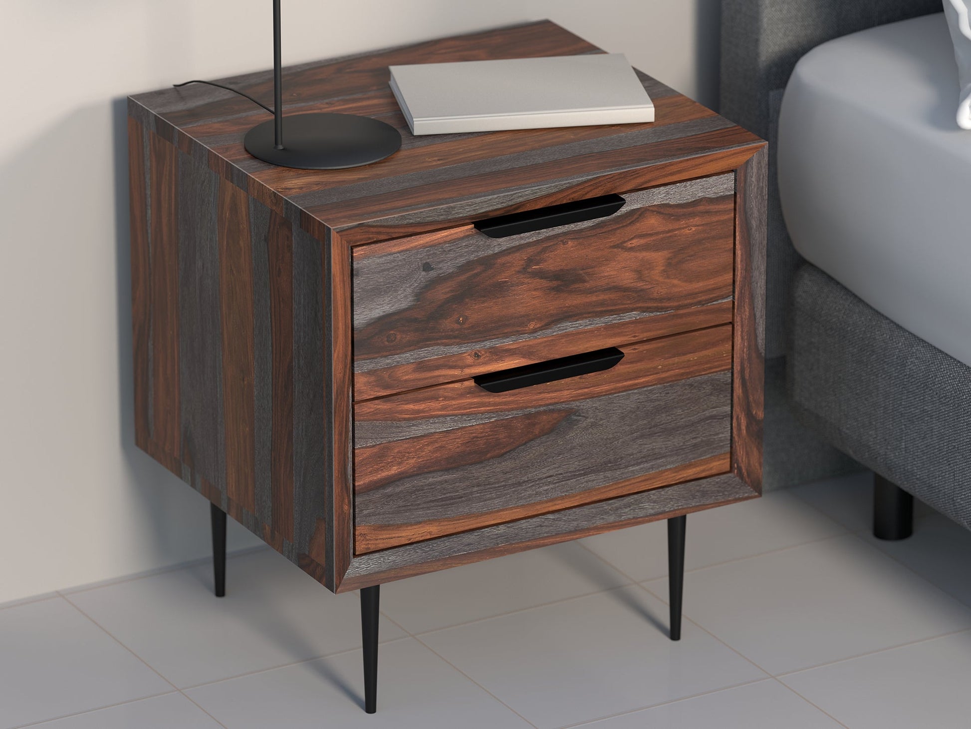 Bedside table, solid sheesham wood and steel, 2 drawers