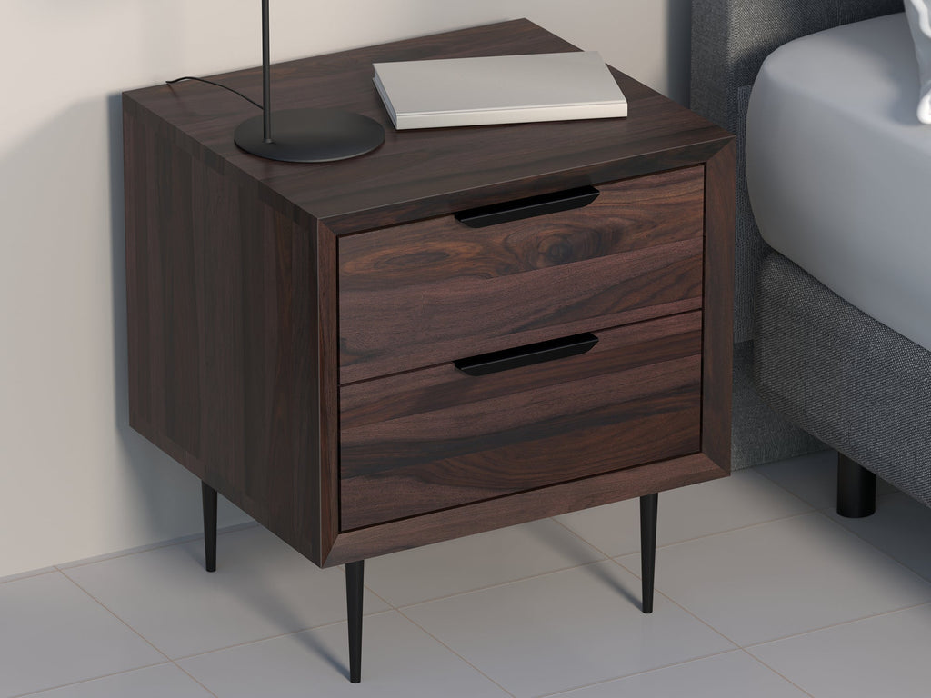 Bedside table, solid sheesham wood and steel, 2 drawers