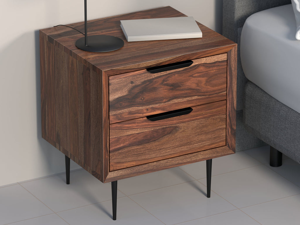 Bedside table, solid sheesham wood and steel, 2 drawers