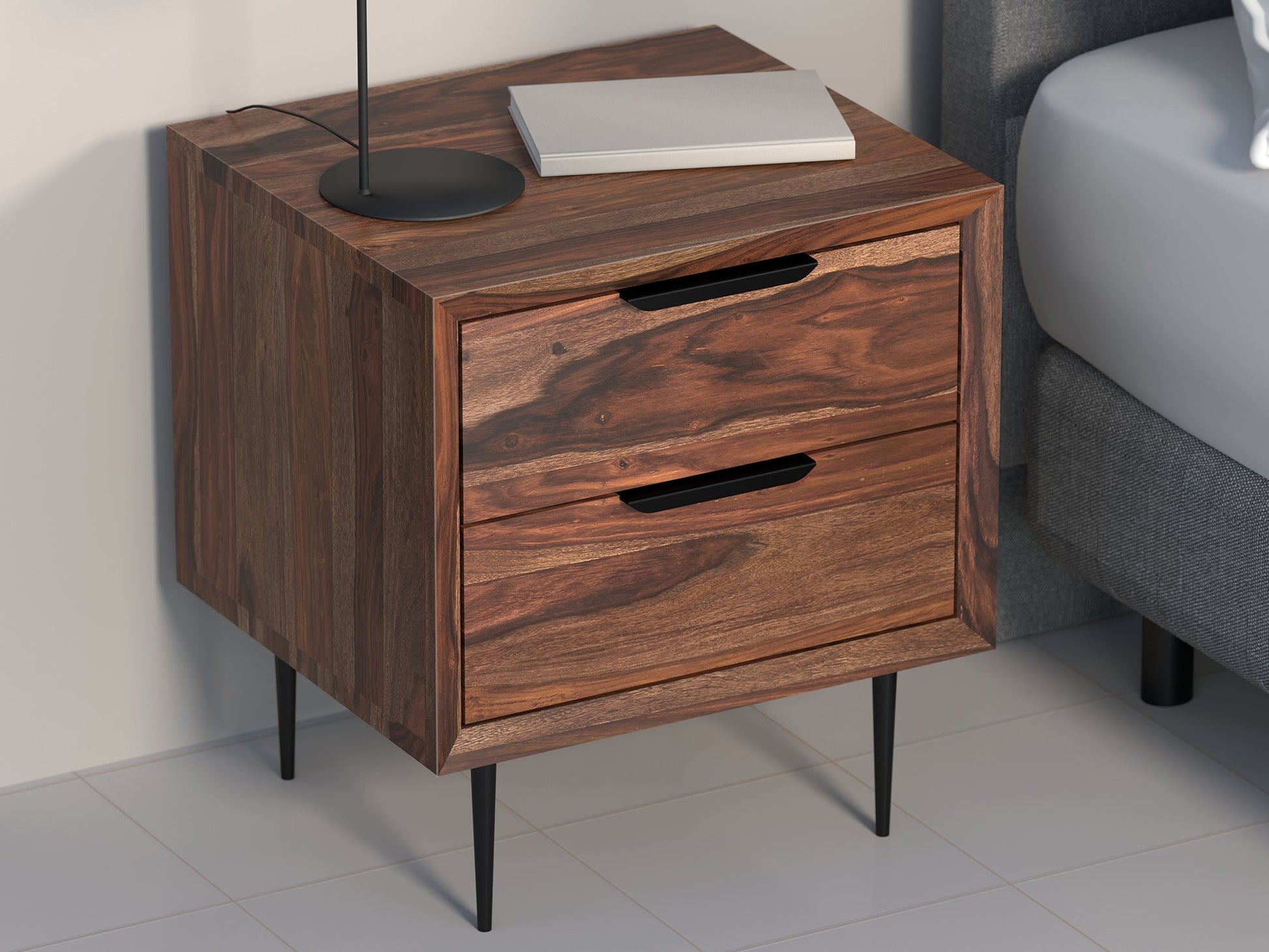 Bedside table, solid sheesham wood and steel, 2 drawers