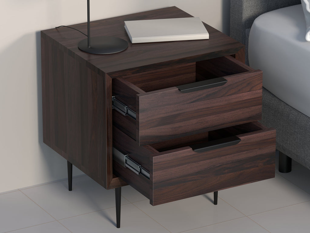 Bedside table, solid sheesham wood and steel, 2 drawers