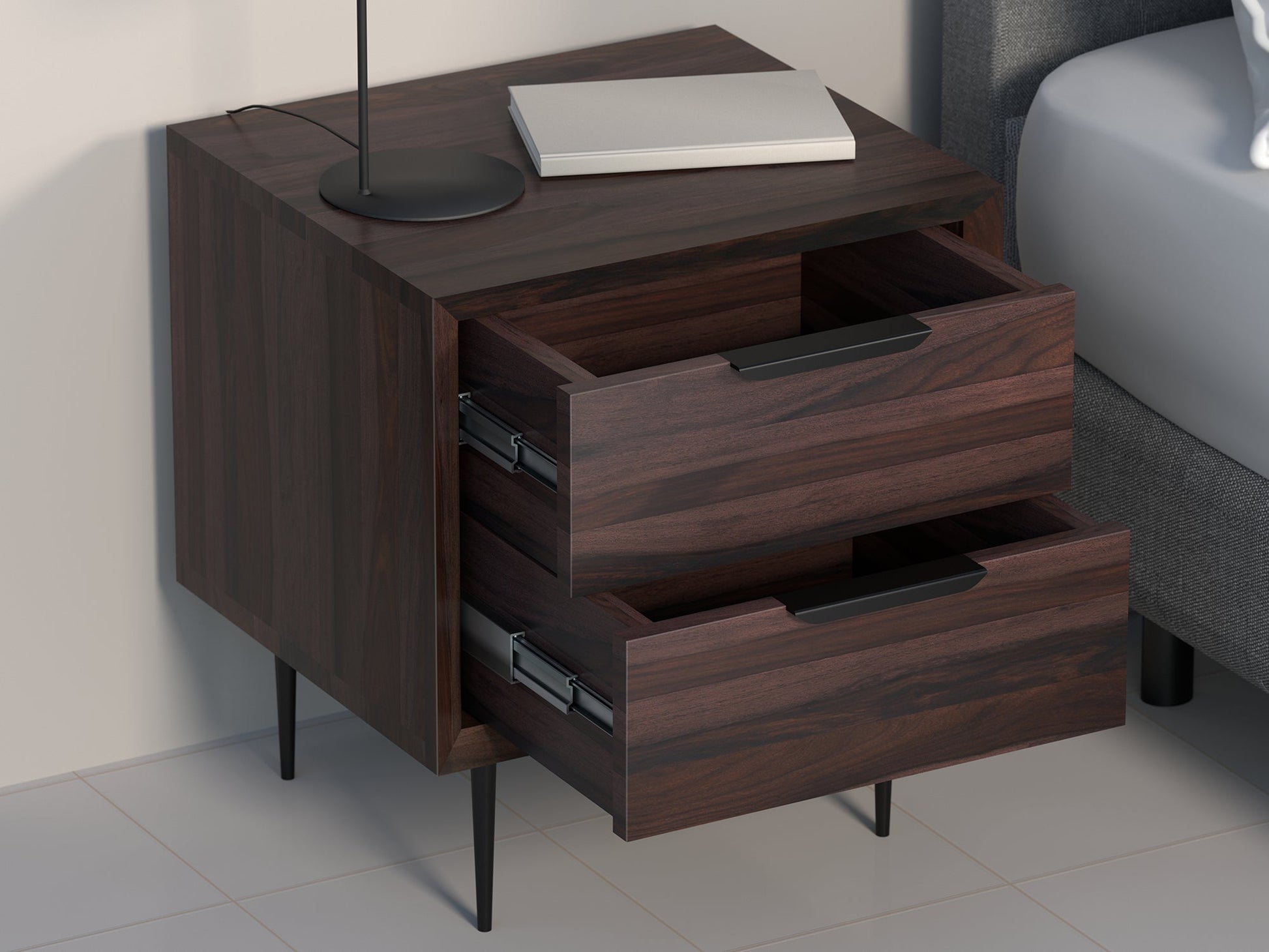 Bedside table, solid sheesham wood and steel, 2 drawers