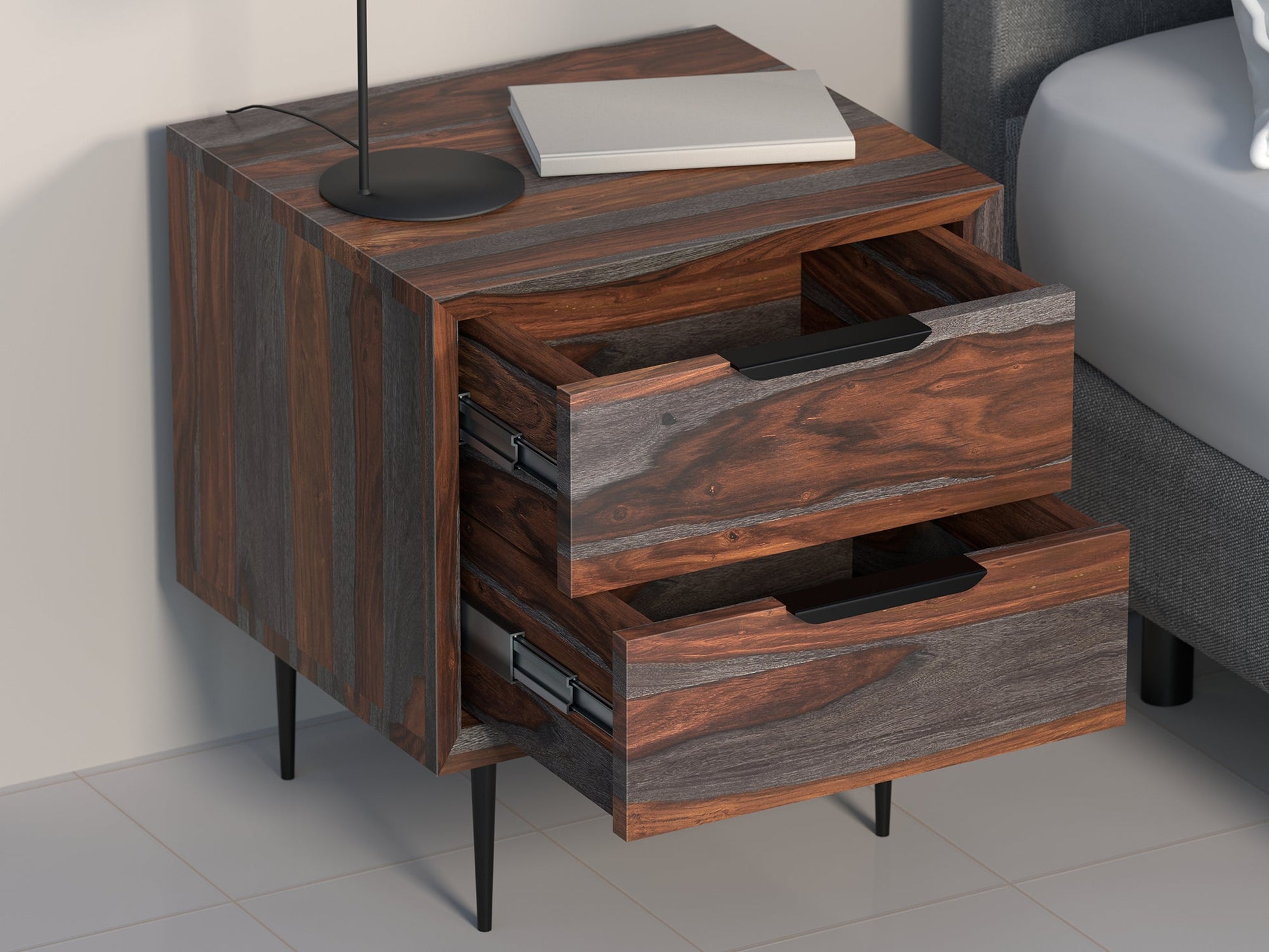 Bedside table, solid sheesham wood and steel, 2 drawers