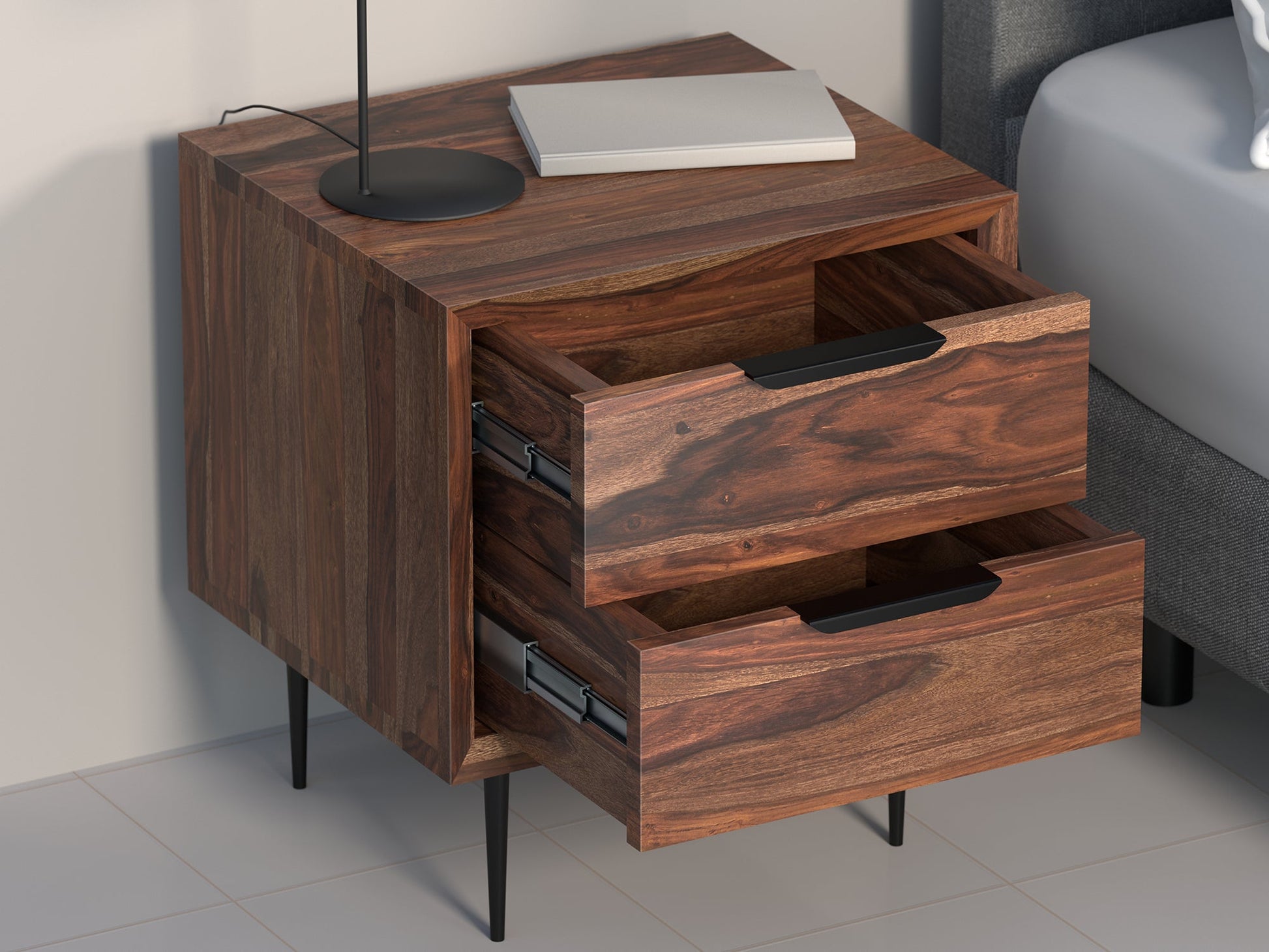 Bedside table, solid sheesham wood and steel, 2 drawers