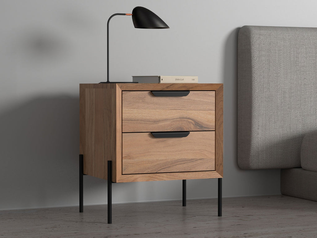 Bedside table, solid acacia wood and steel, 2 drawers