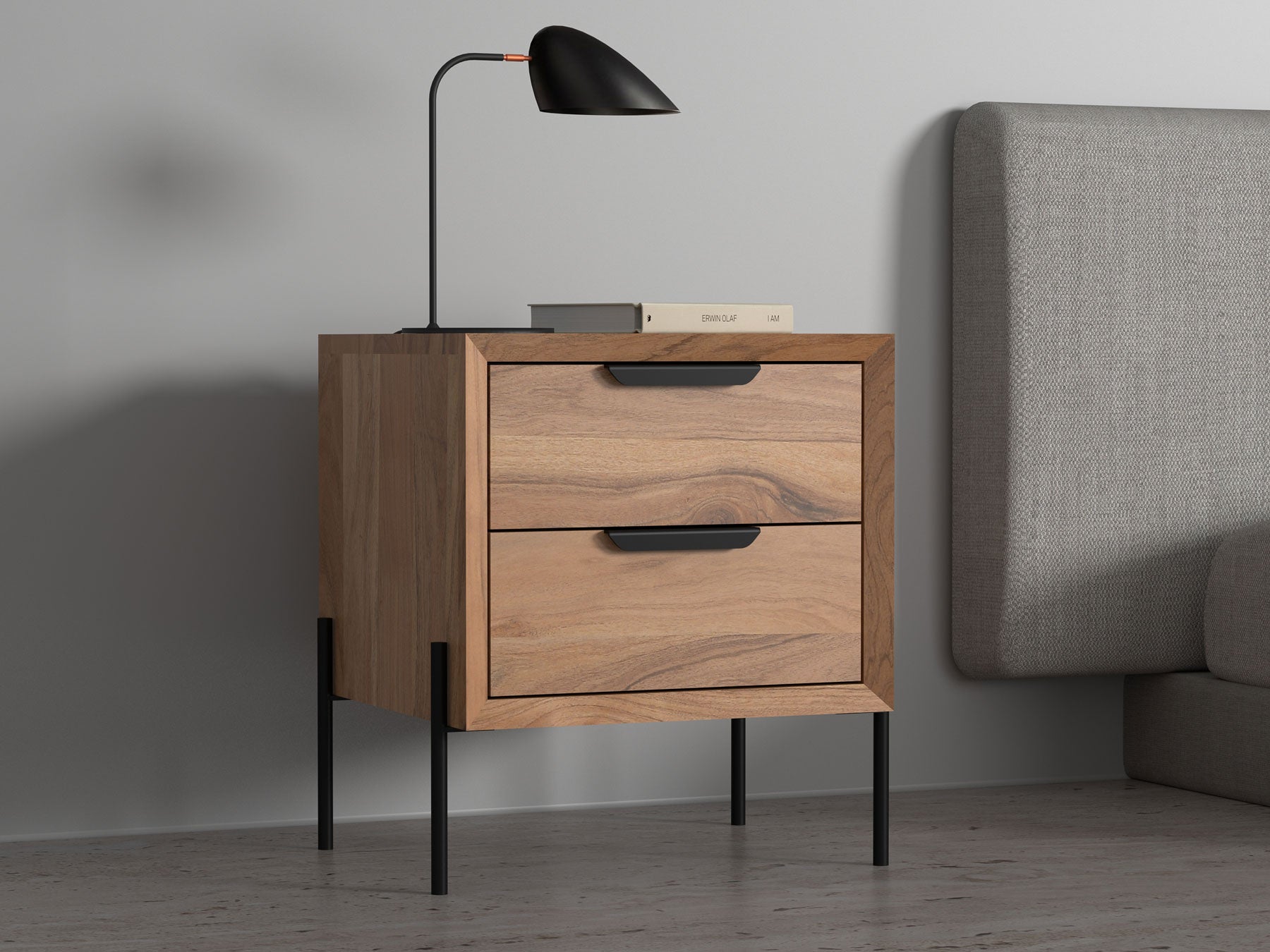Bedside table, solid acacia wood and steel, 2 drawers