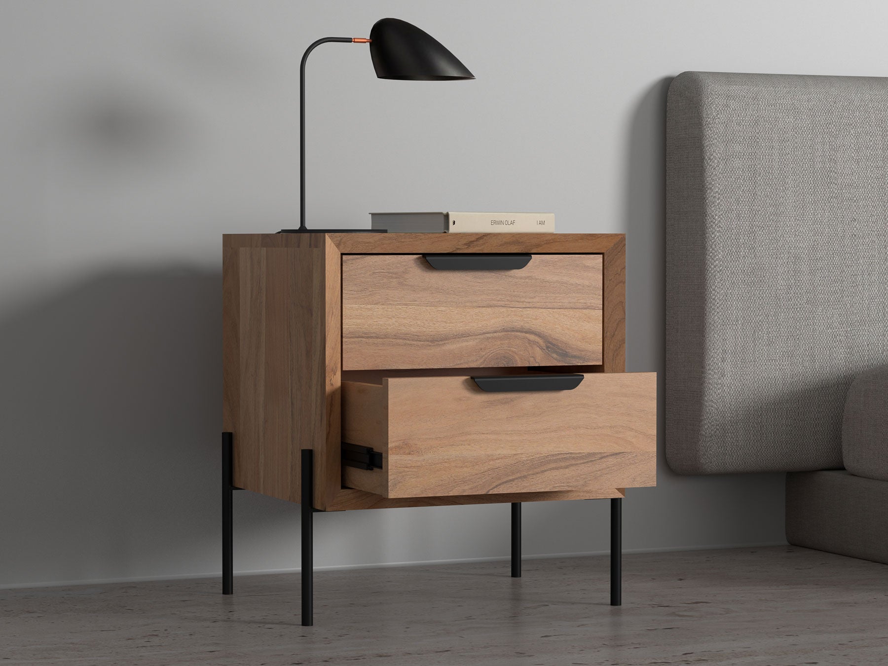 Bedside table, solid acacia wood and steel, 2 drawers