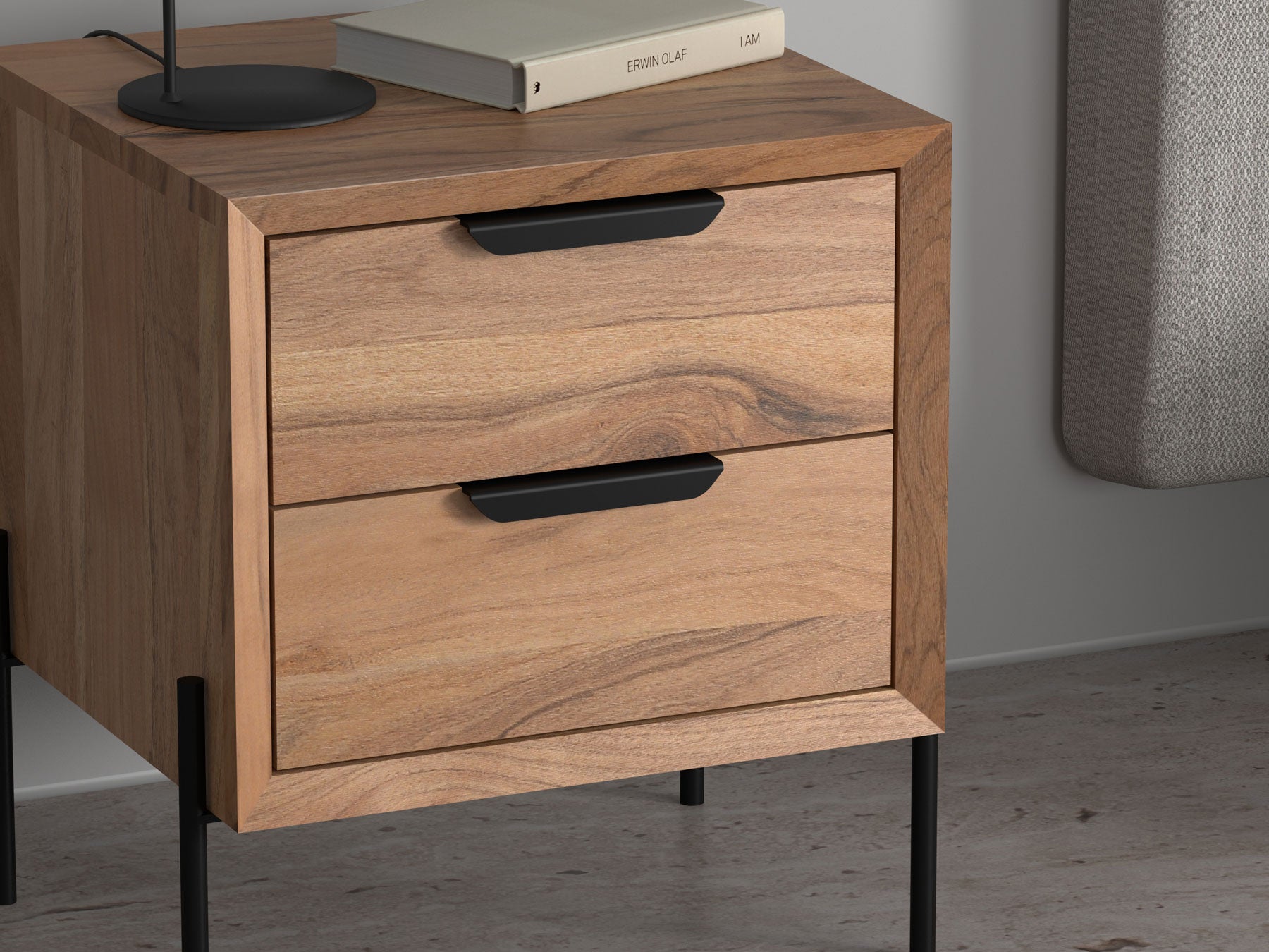 Bedside table, solid acacia wood and steel, 2 drawers