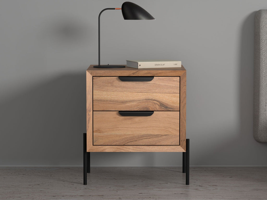 Bedside table, solid acacia wood and steel, 2 drawers