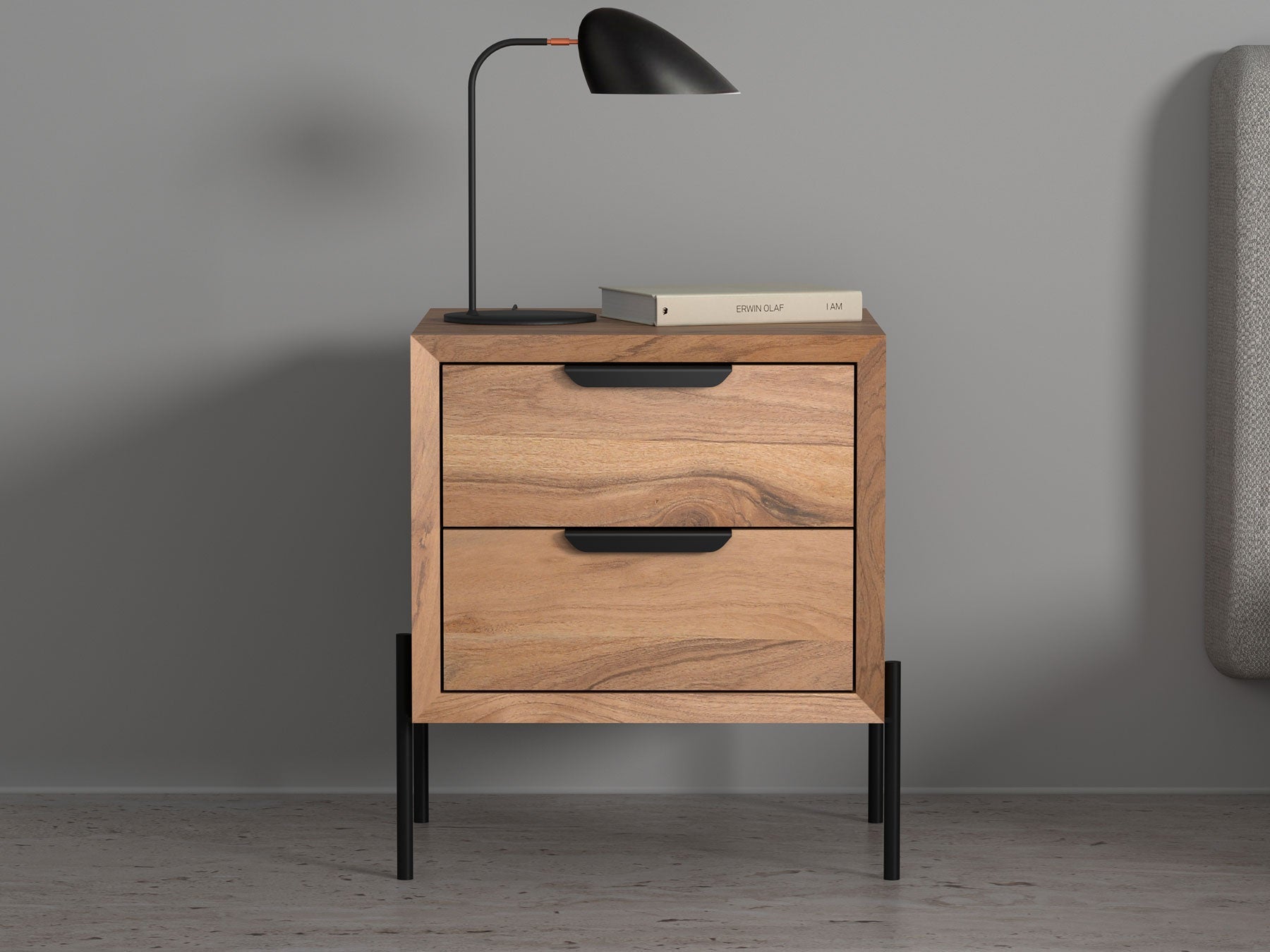 Bedside table, solid acacia wood and steel, 2 drawers