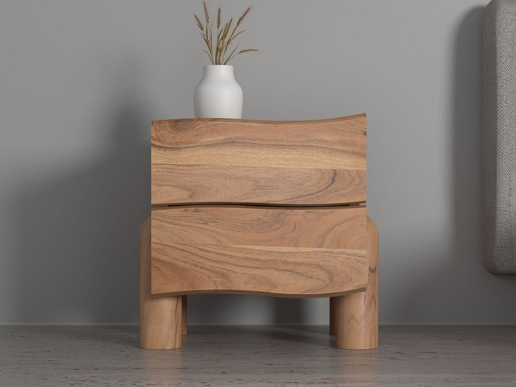 Bedside table, solid acacia wood, 2 drawers