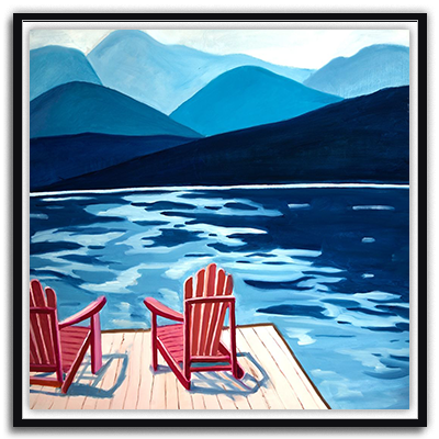 Lake Dock , Mountains and Chairs