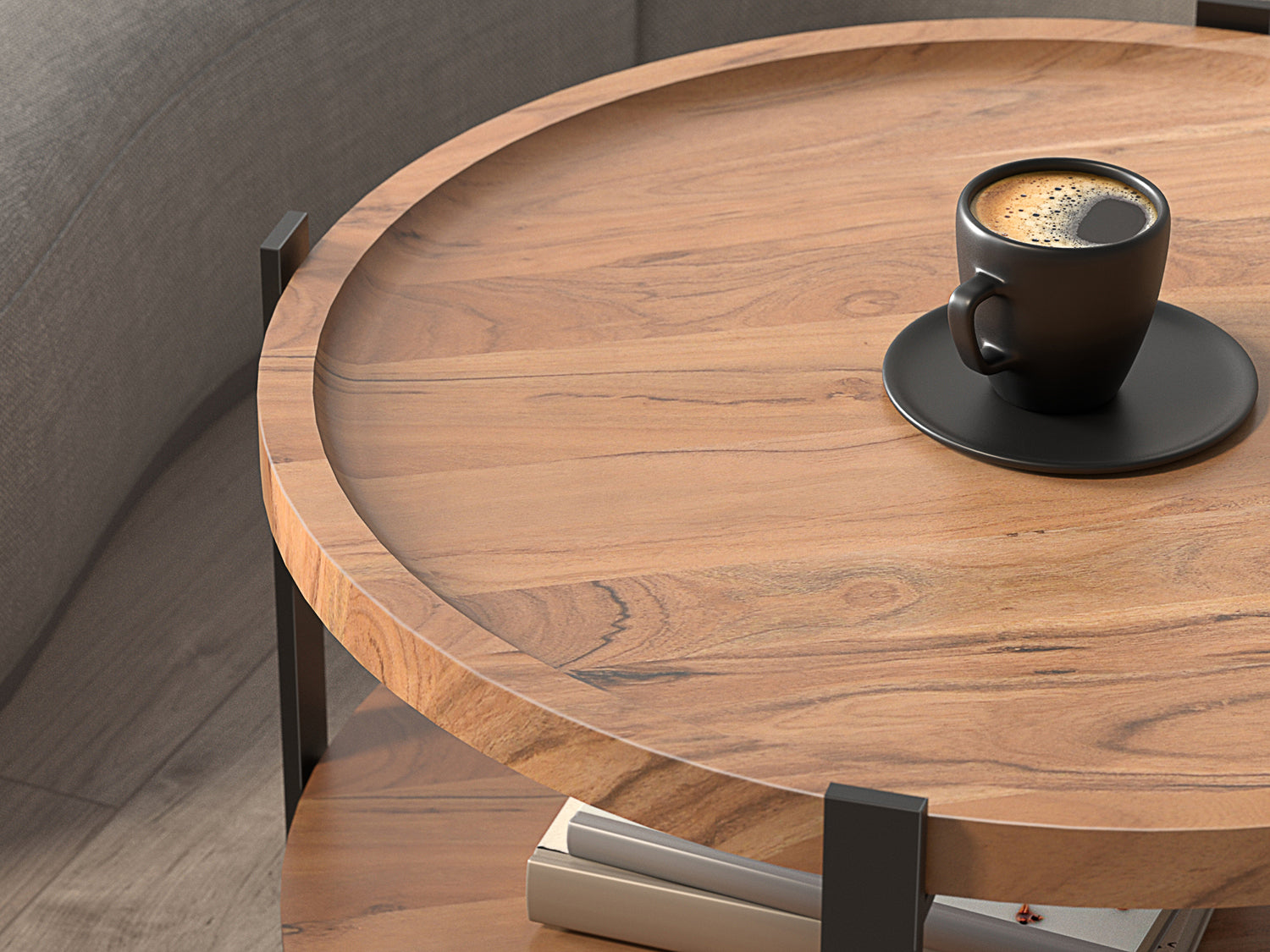 Coffee table, solid acacia wood and steel