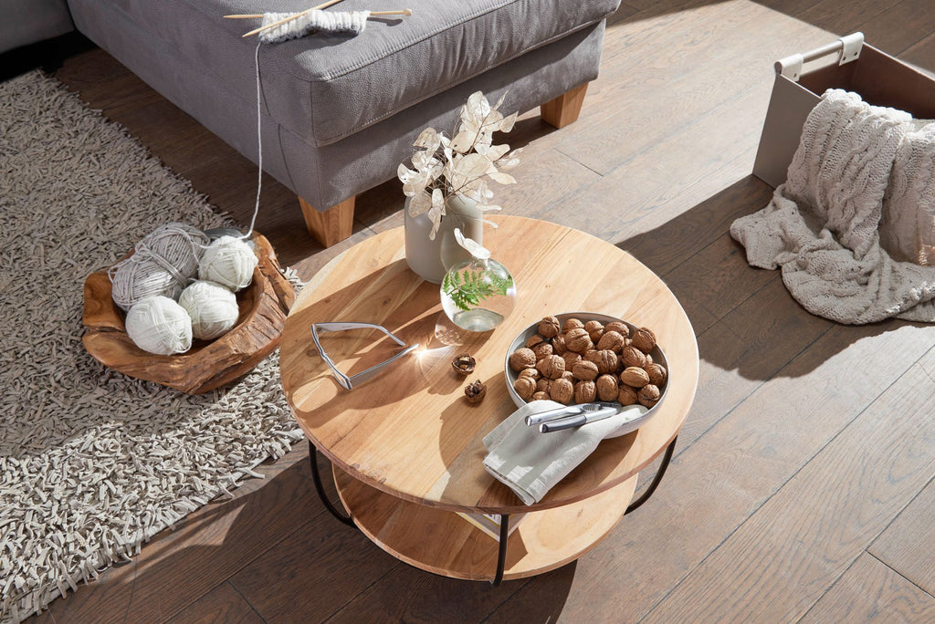 Coffee table, solid acacia wood and steel