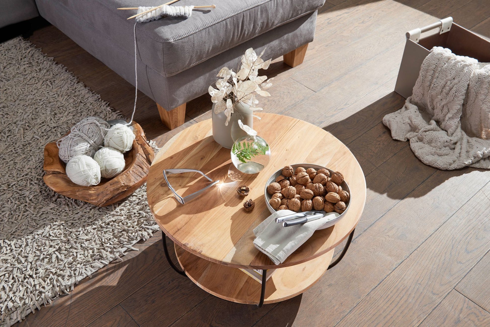 Coffee table, solid acacia wood and steel