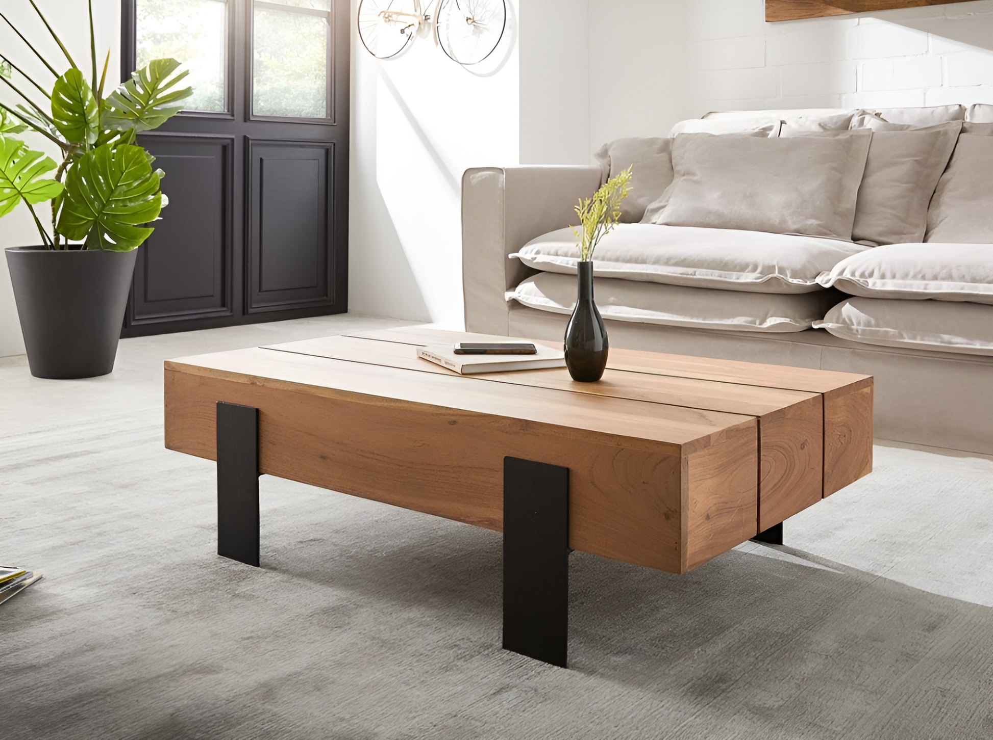 Coffee table, solid acacia wood and steel