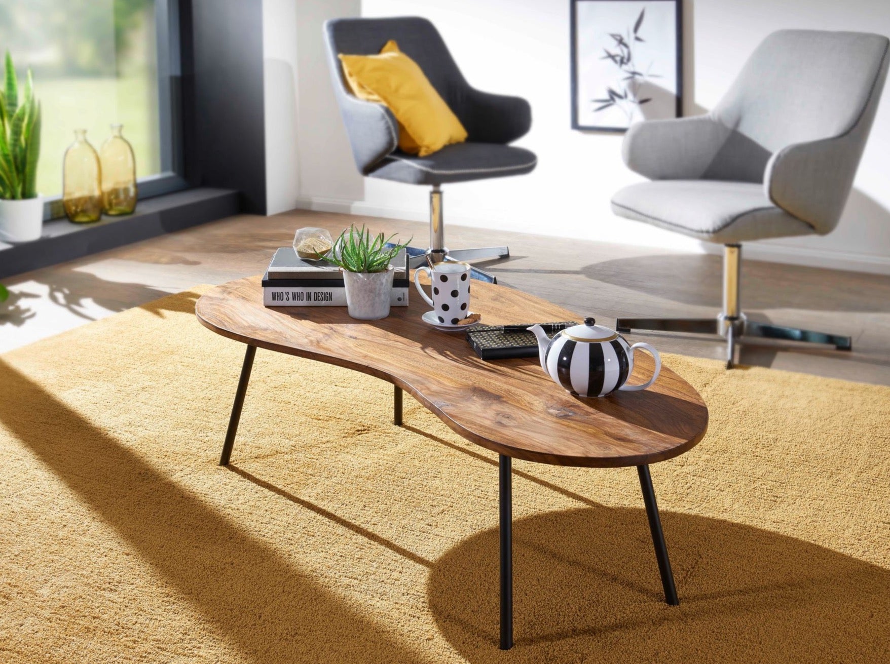 Coffee table, solid sheesham wood and steel