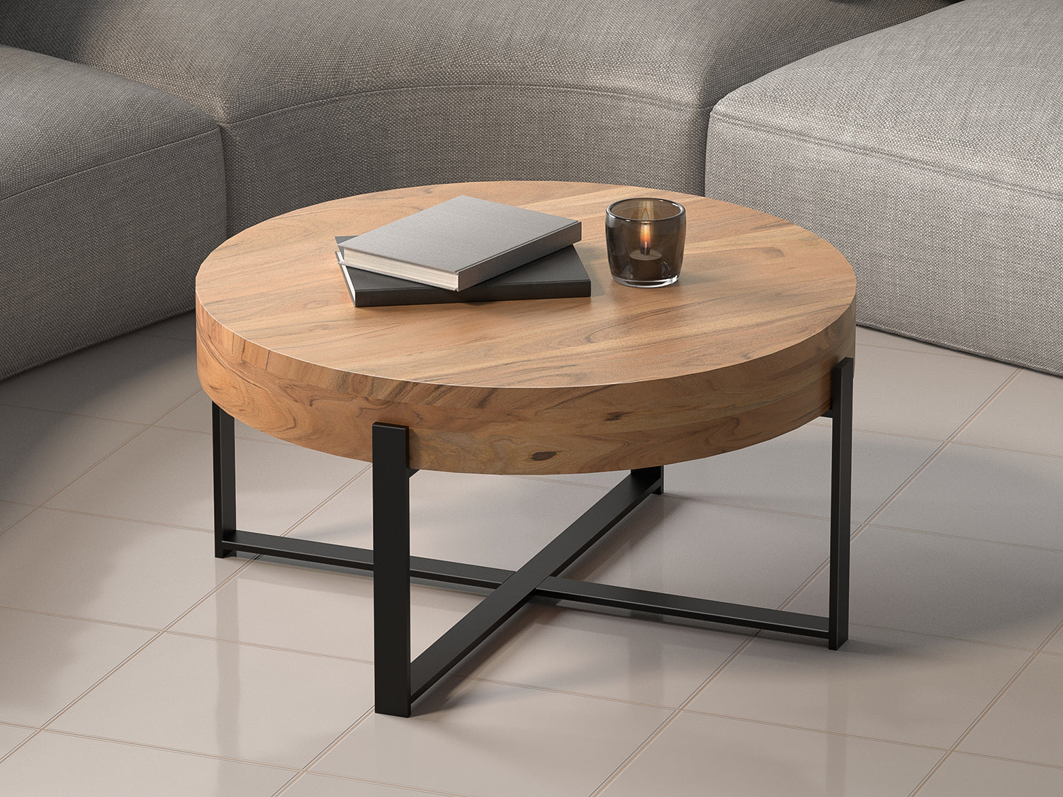 Coffee table, solid acacia wood and steel