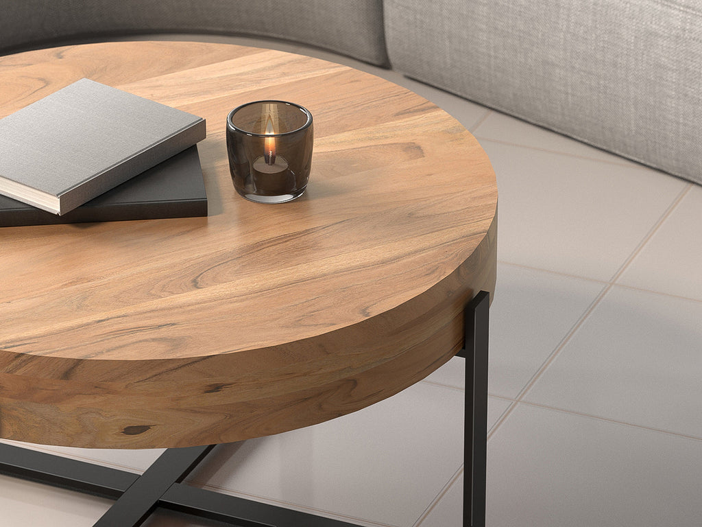 Coffee table, solid acacia wood and steel