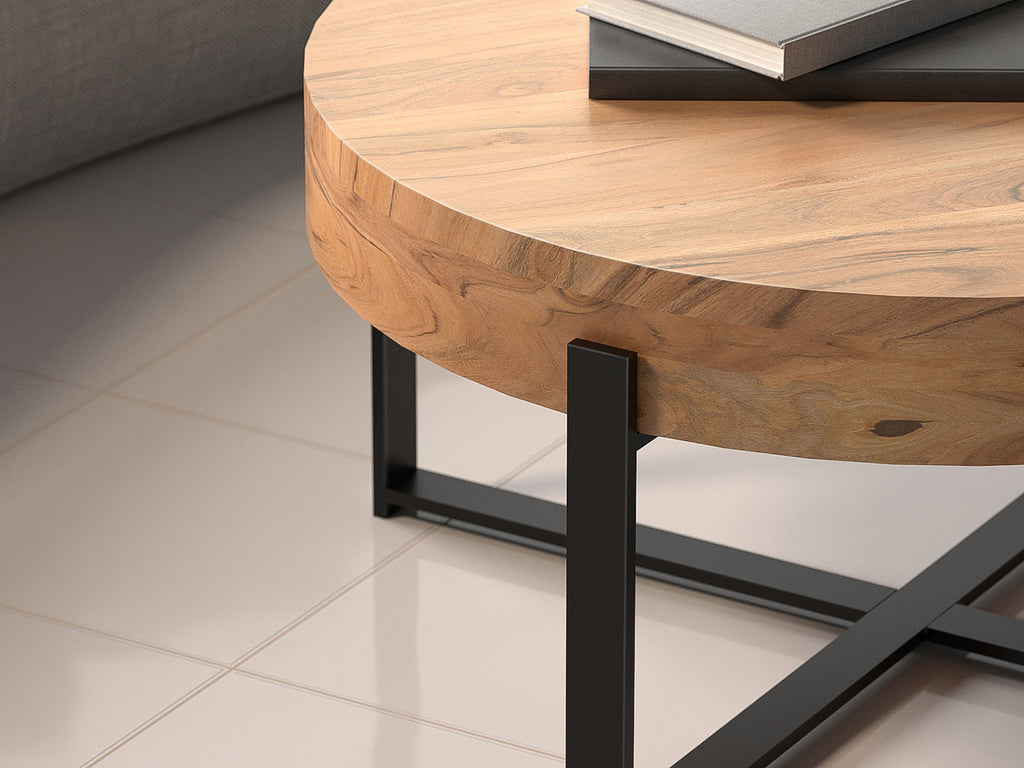 Coffee table, solid acacia wood and steel