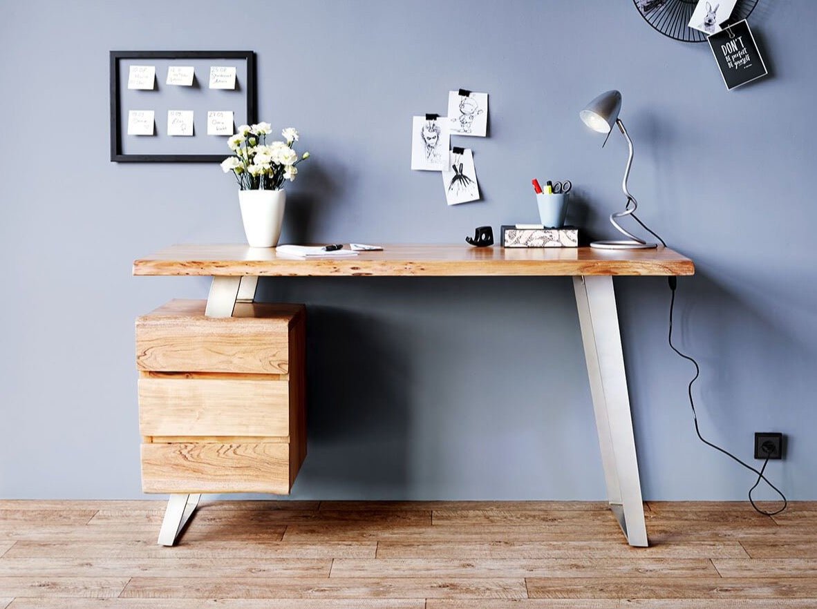 Desk, solid acacia wood and steel, 3 drawers