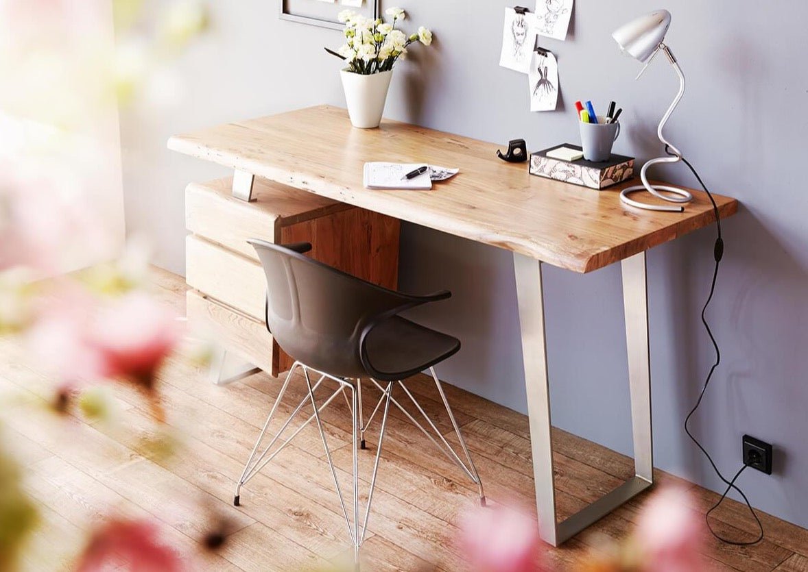 Desk, solid acacia wood and steel, 3 drawers
