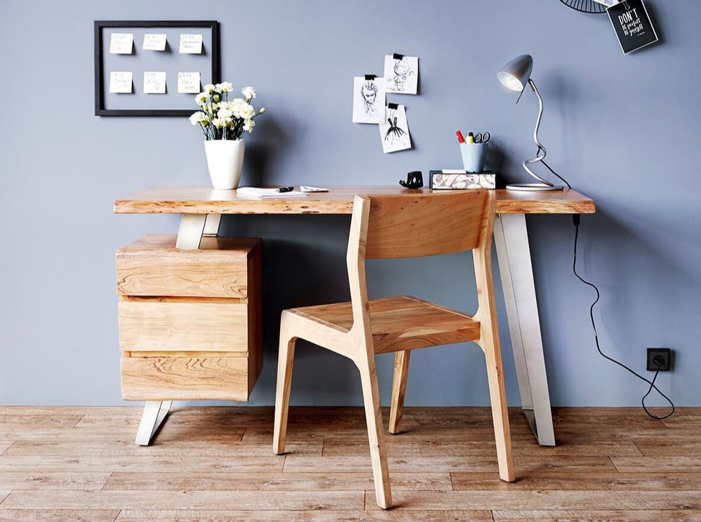 Desk, solid acacia wood and steel, 3 drawers