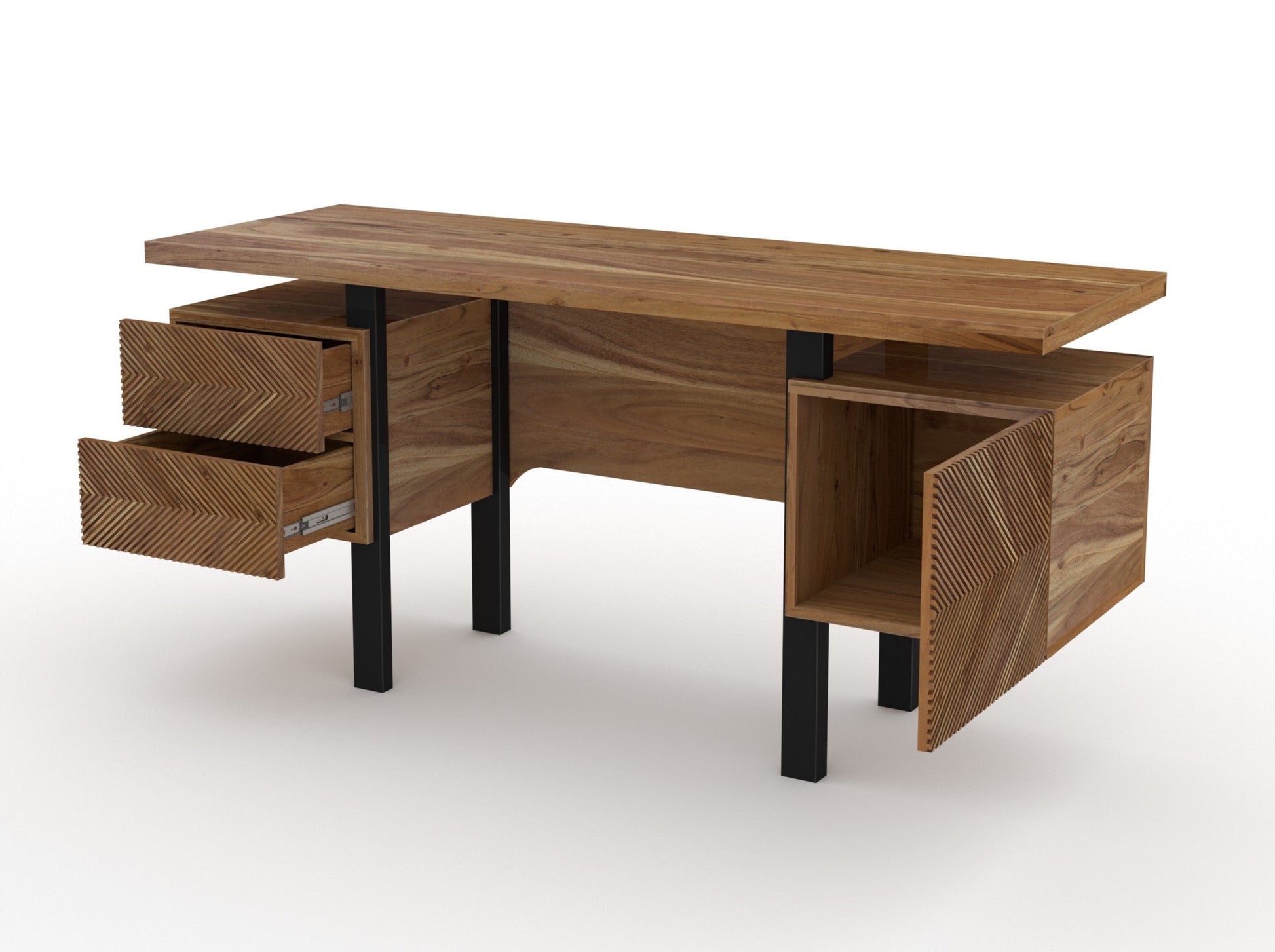 Desk, solid acacia wood and steel, 2 drawers and 1 door