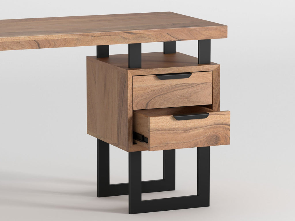 Desk, solid acacia wood and steel, 2 drawers