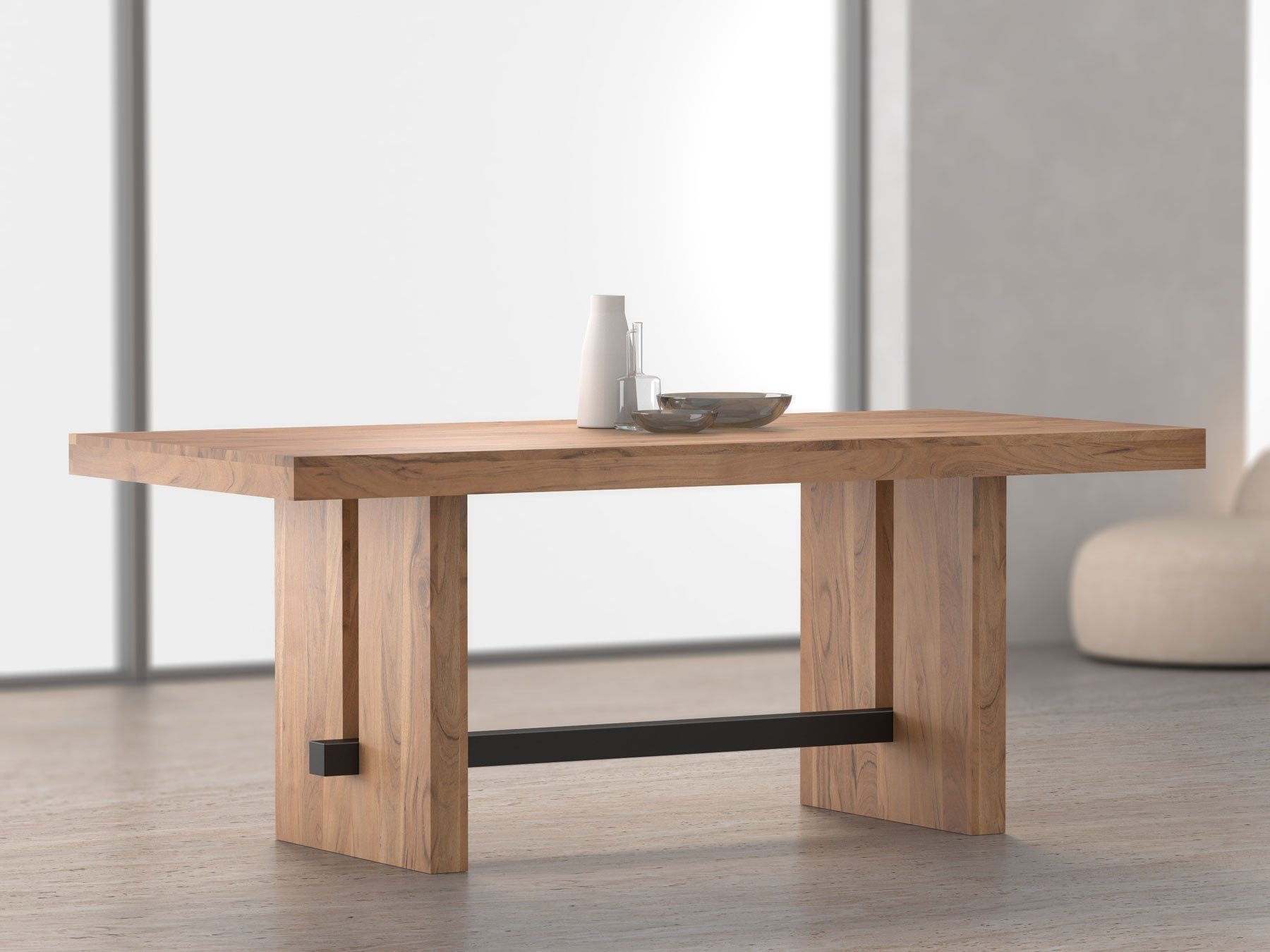 6 Seater dining table, solid acacia wood and steel