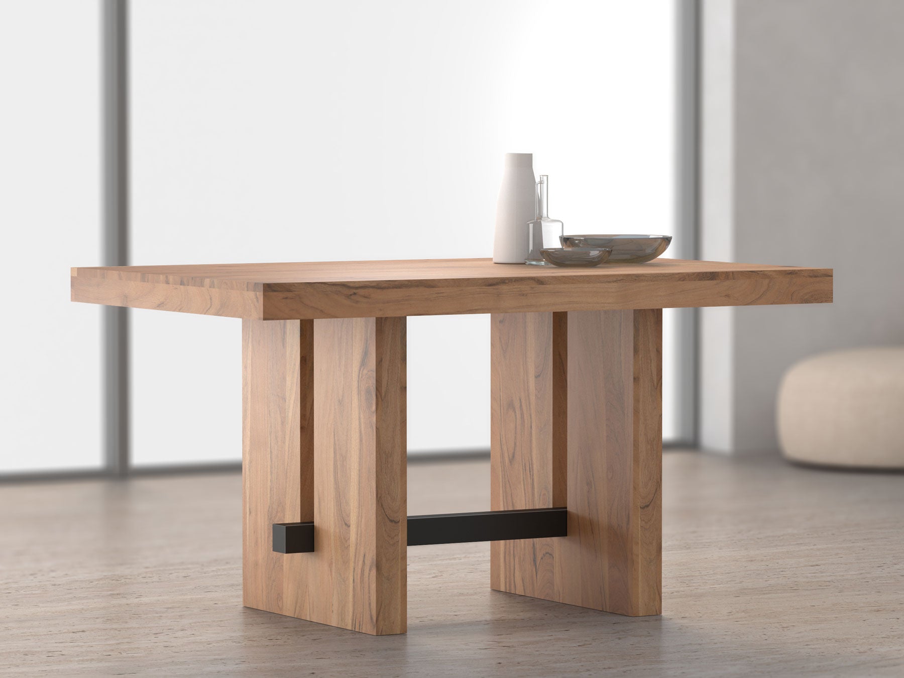 4 Seater dining table, solid acacia wood and steel