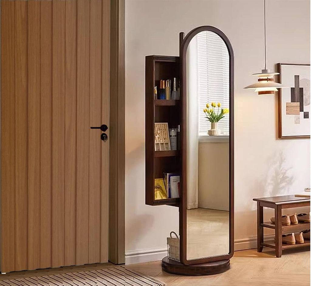 Arched Wooden Full-Length Mirror with Storage